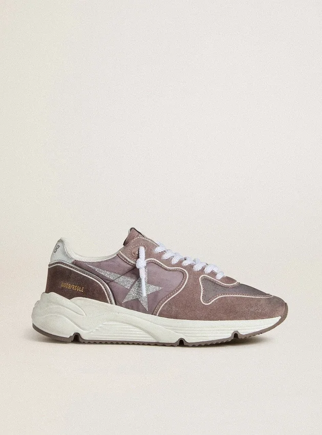 Damskor med Running Sole i lavendelfärgat nylon och mocka med tryckt stjärna och hälflik i silverläder