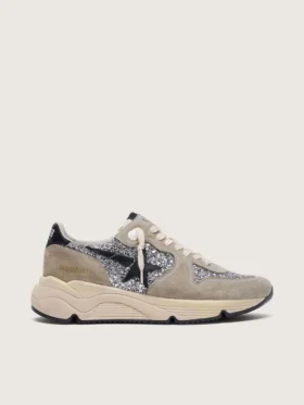 Damskor med Running Sole i silverglitter och duvgrå mocka