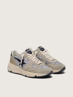 Damskor med Running Sole i silverglitter och duvgrå mocka