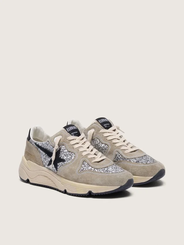 Damskor med Running Sole i silverglitter och duvgrå mocka