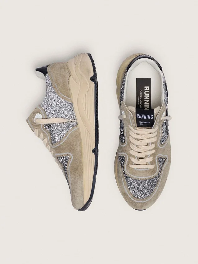 Damskor med Running Sole i silverglitter och duvgrå mocka