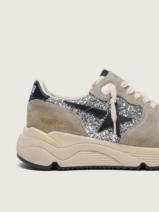 Damskor med Running Sole i silverglitter och duvgrå mocka