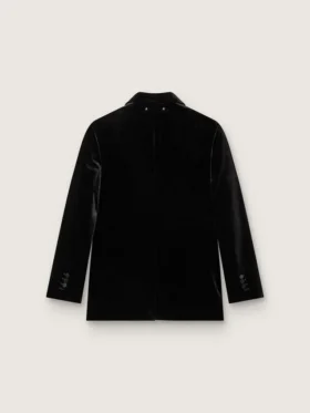 Dubbelknäppt damjacka i svart sammet med svarta satinrevers