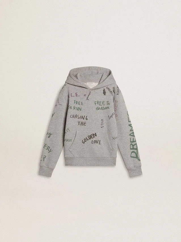 Grå barnsweatshirt med flerfärgat tryckt text