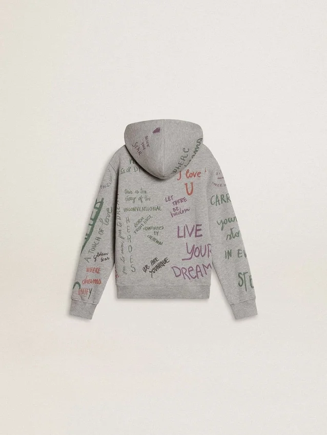 Grå barnsweatshirt med flerfärgat tryckt text