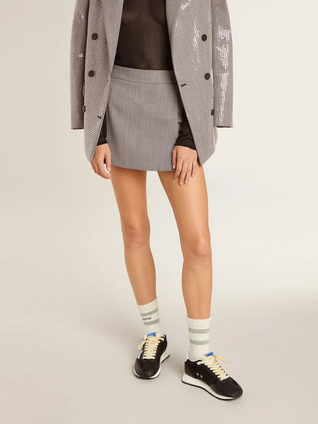 Grå minishorts för damer i houndstooth-mönstrad ull