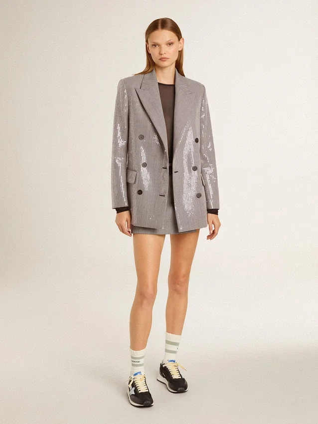 Grå minishorts för damer i houndstooth-mönstrad ull