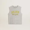 Grå ärmlös T-shirt för dam med gult tryck