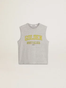 Grå ärmlös T-shirt för dam med gult tryck