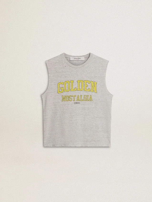 Grå ärmlös T-shirt för dam med gult tryck