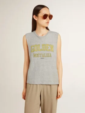 Grå ärmlös T-shirt för dam med gult tryck