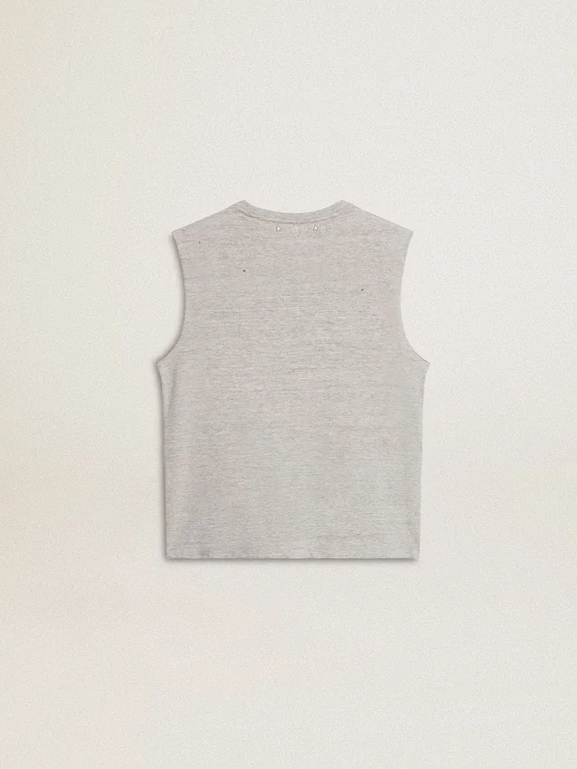 Grå ärmlös T-shirt för dam med gult tryck