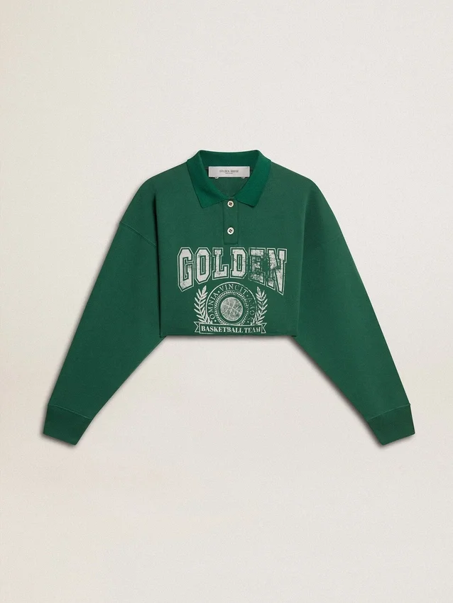 Grön, kort polo-sweatshirt för dam med tryck