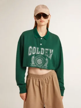Grön, kort polo-sweatshirt för dam med tryck