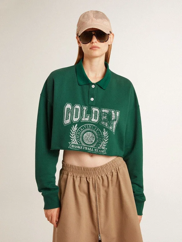 Grön, kort polo-sweatshirt för dam med tryck