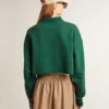 Grön, kort polo-sweatshirt för dam med tryck