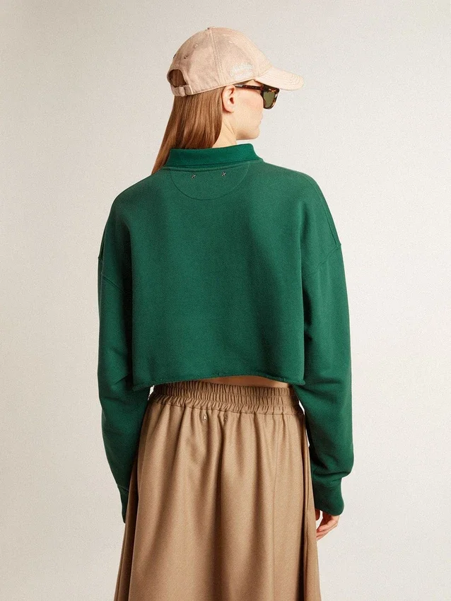 Grön, kort polo-sweatshirt för dam med tryck