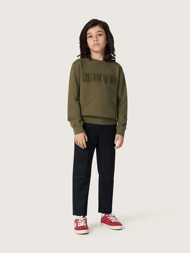 Guldfärgad unisex-tröja i militärgrön bomull med omvänt logo