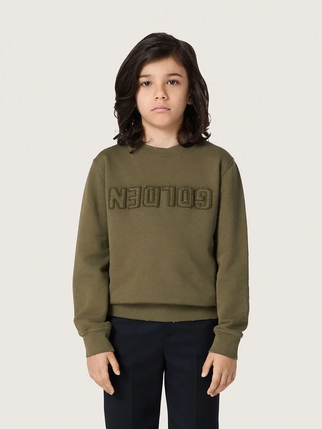 Guldfärgad unisex-tröja i militärgrön bomull med omvänt logo