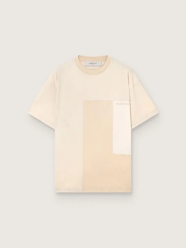 Herr-T-shirt i bomullsjersey med patchwork-effekt i vitt och beige