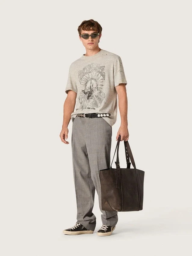 Herr-T-shirt i grå melerad jersey med vintage-tryck
