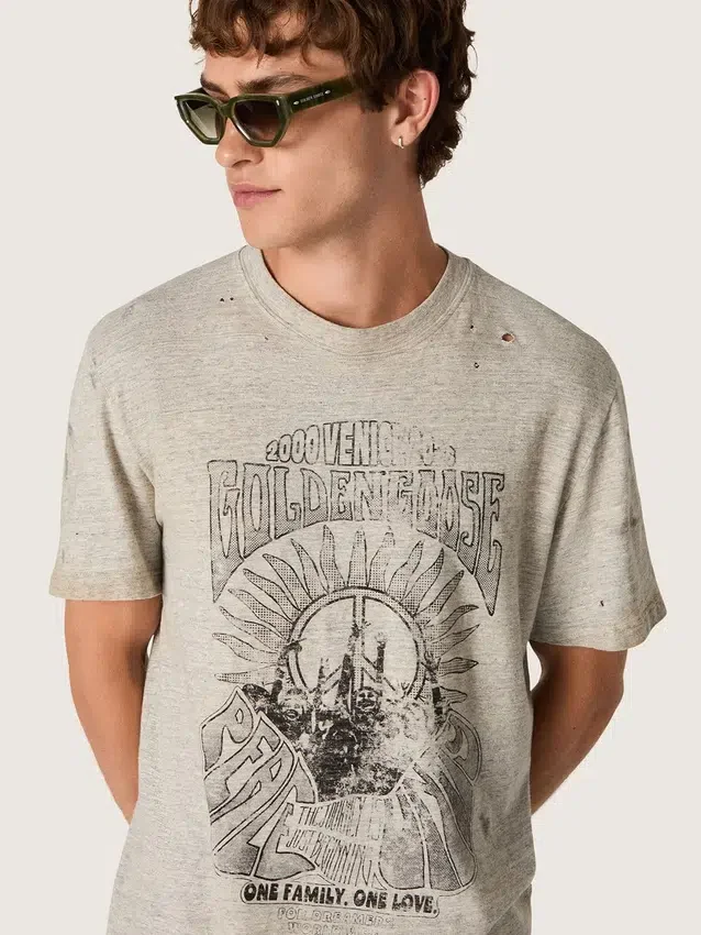Herr-T-shirt i grå melerad jersey med vintage-tryck