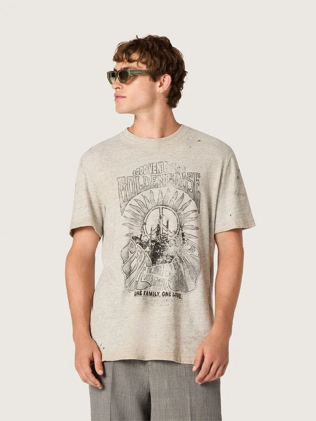 Herr-T-shirt i grå melerad jersey med vintage-tryck