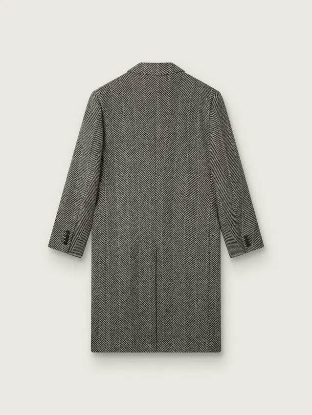 Herrkapp i ull med enkelknäppning och beige- och grå fiskbensmönster