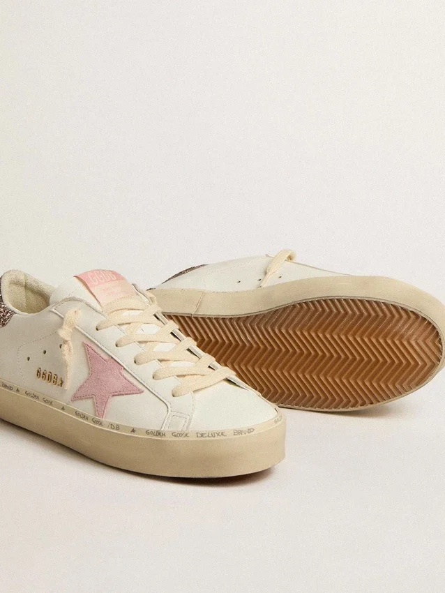 Hi Star i vitt läder med rosa stjärna i mocka och rosa glitterklackflik