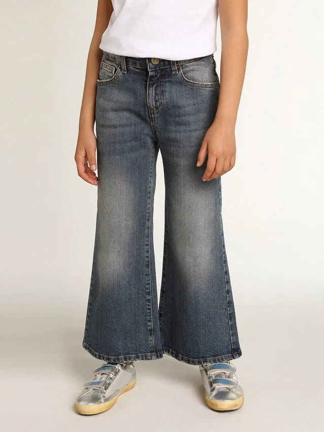 Jeans med vid ben i mellblå bull-denim