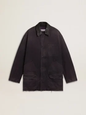 Jeansjacka för herr med slitna detaljer och läderkrage