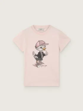 Journey-T-shirt för flickor i rosa bomullsjersey med digitalt tryck av maskoten
