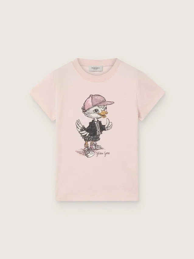Journey-T-shirt för flickor i rosa bomullsjersey med digitalt tryck av maskoten