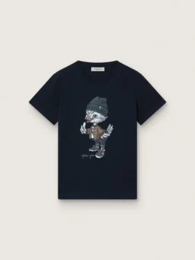 Journey-T-shirt för pojkar i blå bomullsjersey med digitalt tryck av maskoten