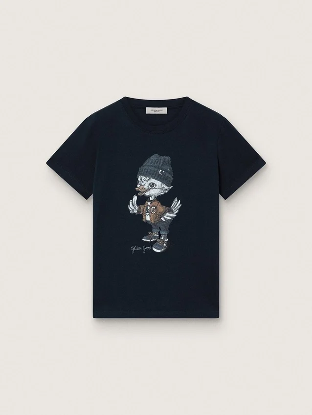 Journey-T-shirt för pojkar i blå bomullsjersey med digitalt tryck av maskoten