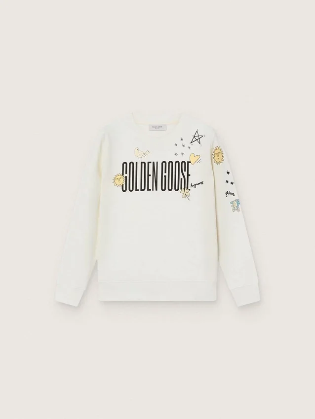 Journey unisex-tröja i vit bomullsblandning med doodle-tryck