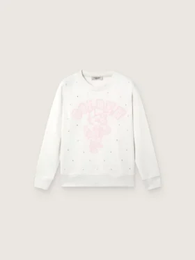 Journey – vit bomullssweatshirt med rund hals för flickor, med maskottryck och kristallapplikationer