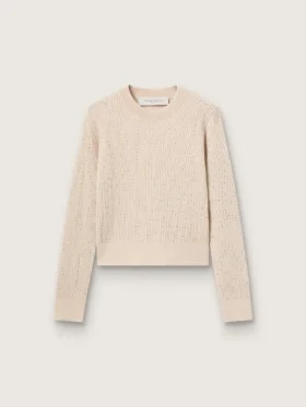 Kort rundhalsad tröja i beige ull med kristaller över hela plagget