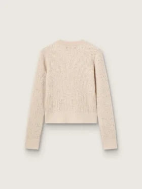 Kort rundhalsad tröja i beige ull med kristaller över hela plagget