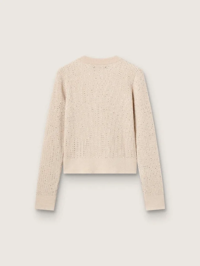 Kort rundhalsad tröja i beige ull med kristaller över hela plagget
