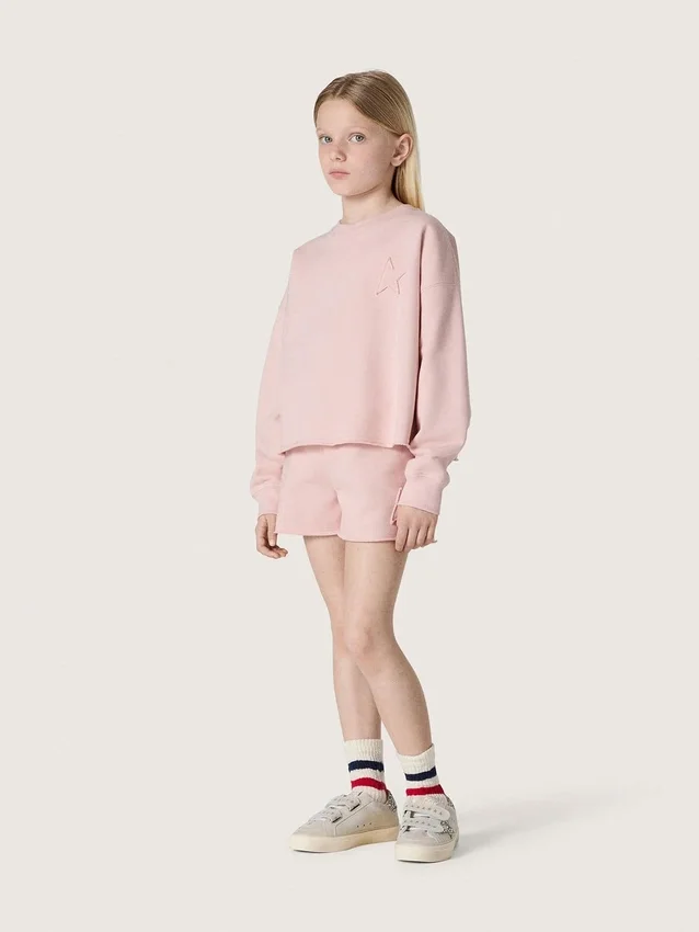 Kort sweatshirt för flickor i rosa bomull med patch och logotyp