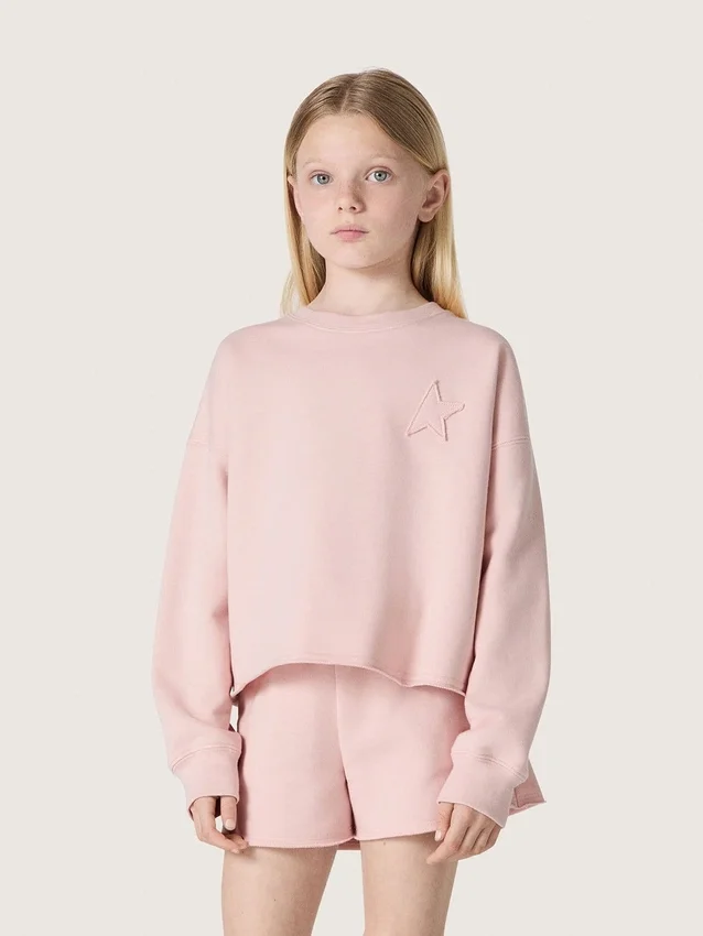 Kort sweatshirt för flickor i rosa bomull med patch och logotyp