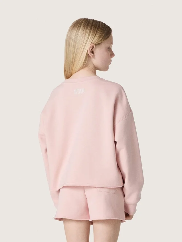 Kort sweatshirt för flickor i rosa bomull med patch och logotyp
