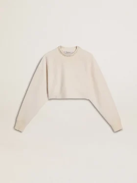 Kort sweatshirt i krämfärgad bomull för damer med kristaller på framsidan