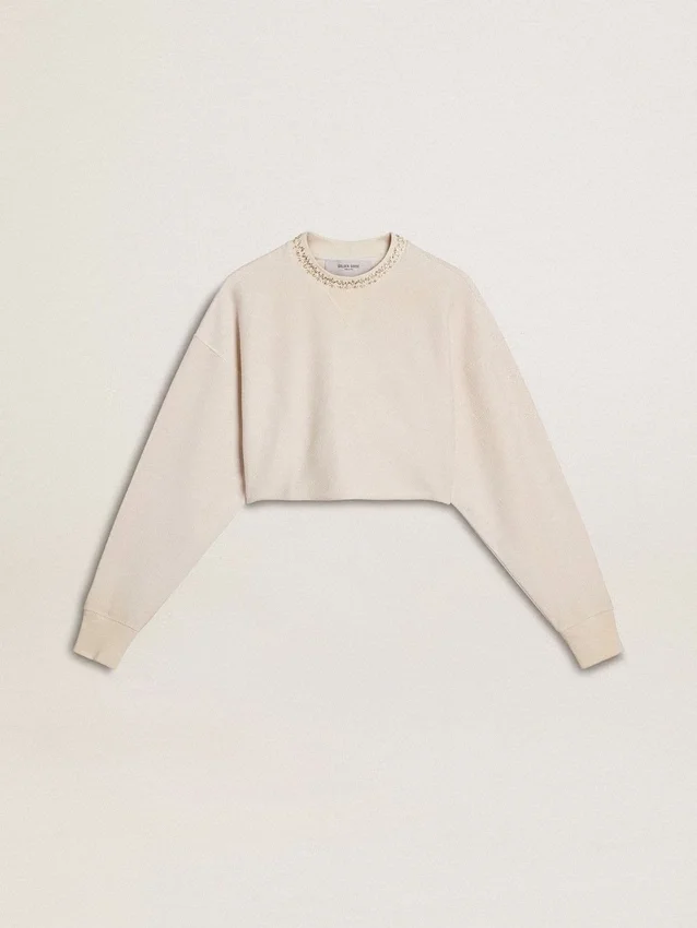 Kort sweatshirt i krämfärgad bomull för damer med kristaller på framsidan