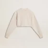 Kort sweatshirt i krämfärgad bomull för damer med kristaller på framsidan