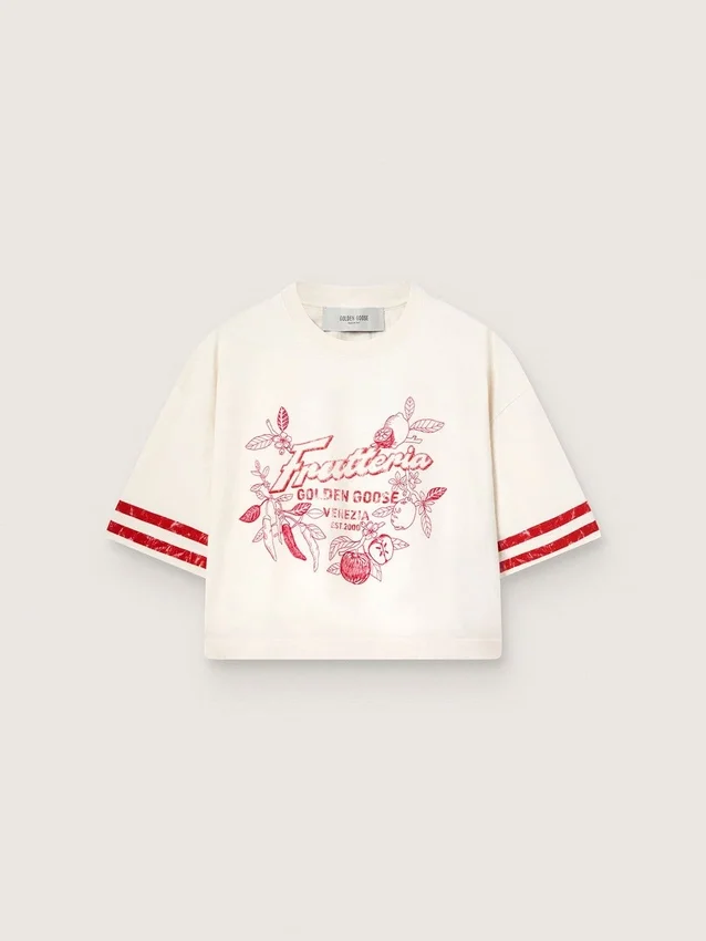 Kort T-shirt för damer i vit bomull med tryck och broderi