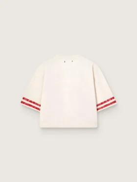 Kort T-shirt för damer i vit bomull med tryck och broderi