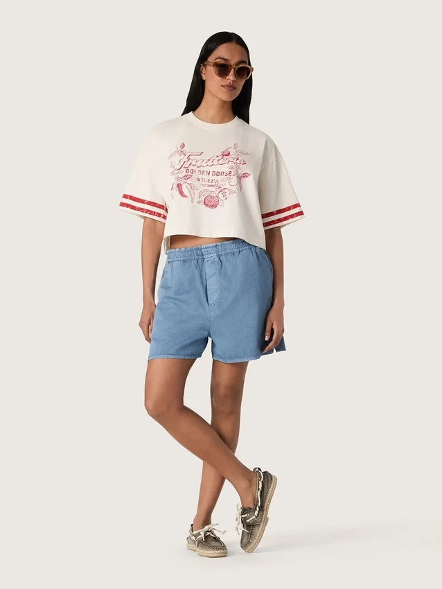 Kort T-shirt för damer i vit bomull med tryck och broderi