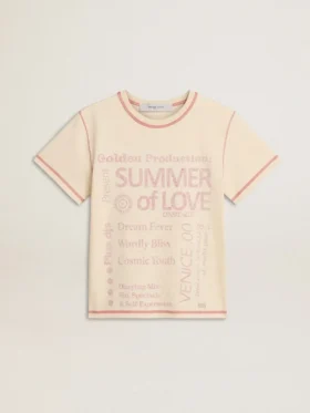 Krämfärgad T-shirt för dam med blekta röda detaljer